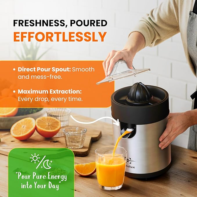 Eurolux Electric Orange Juicer, Sleek Effortless Citrus Juice Squeezer for Lemon, Lime, Grapefruit | Powerful Motor, Easy to Clean, Removable Dishwasher-Safe Parts