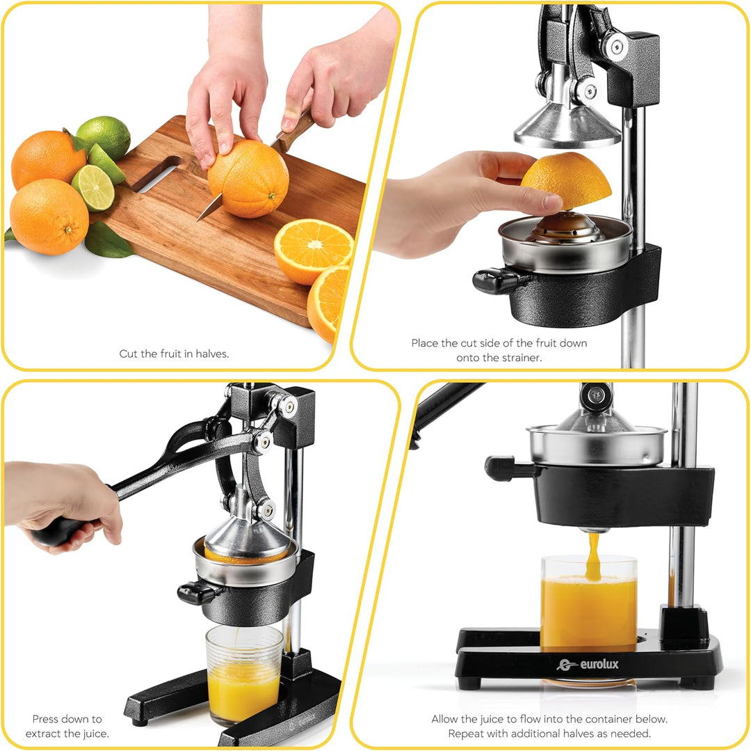 Eurolux Cast Iron Citrus Juicer | Commercial Grade Manual Hand Press | Countertop Squeezer for Fresh Fruit Juice