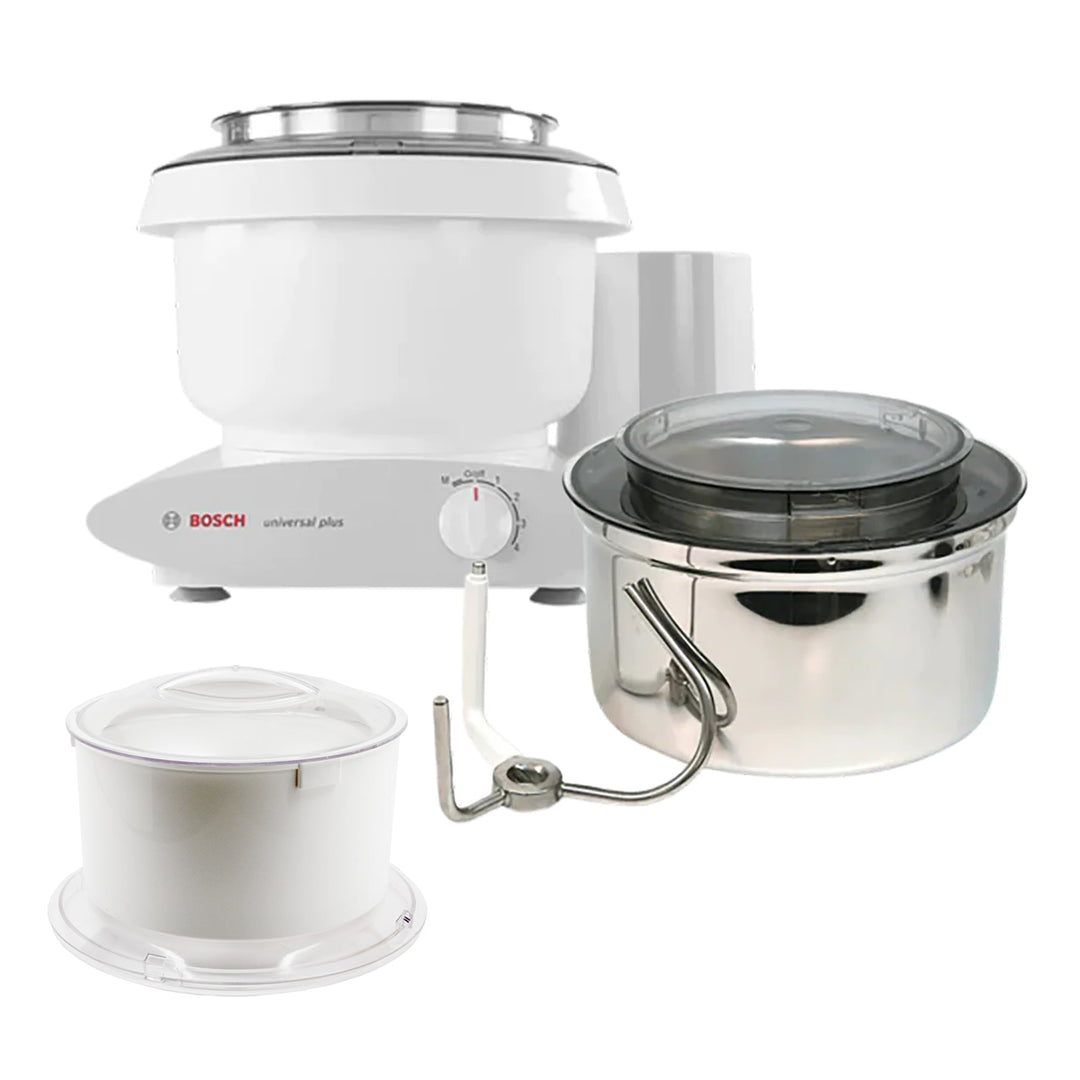 Bosch Universal Plus Mixer with stainless steel bowl for challah and sifter set color: White