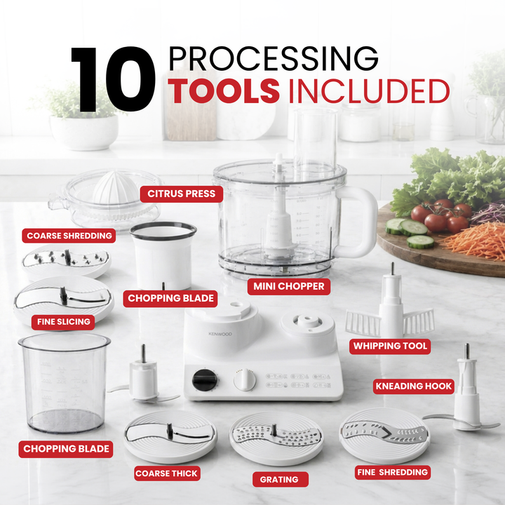 Kenwood FDP10.3020 12-Cup Food Processor | Ultra-Quiet 10-in-1 European System with Traditional Kugel Blade & Citrus Juicer