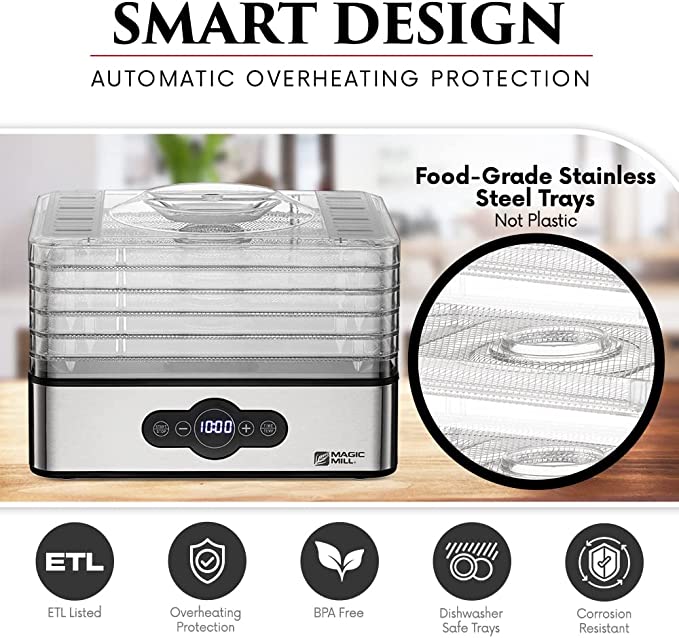 Magic Mill Commercial Food Dehydrator Machine, 6 Stainless Steel Trays, Dryer for Jerky, Dog Treats, Herb, Meat, Beef, Fruit