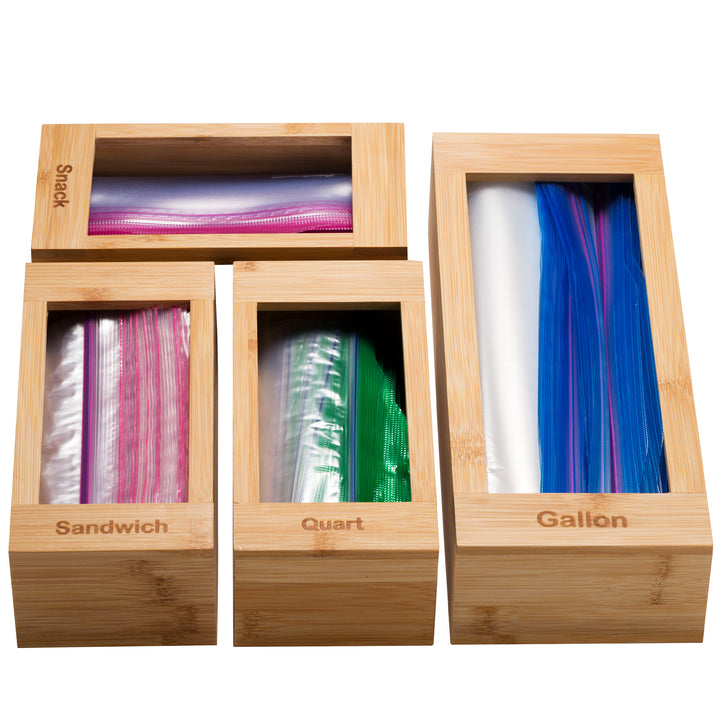 Bartnelli Drawer Storage Organizer for Ziploc Bag , 4 PC Premium Bamboo Kitchen Drawer Organizer, Dispenser, and Bags Holders | Compatible With All Brands With Variety Sizes to fit All Bag Sizes