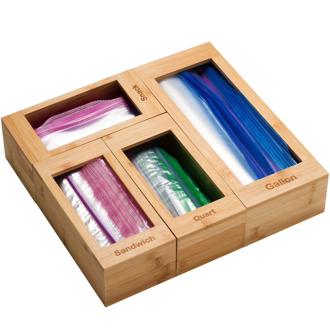 Ziplock Bag Storage Organizer for Kitchen Drawer, Set of 4 Bamboo