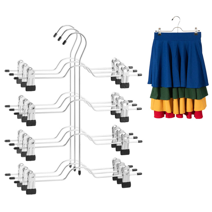 Bartnelli 4 Tiered Metal Space-Saving Hangers for Skirts, Pants, Jeans and Trousers Slim Space Saver Cascading Hanger - Pack of 3 - Chrome