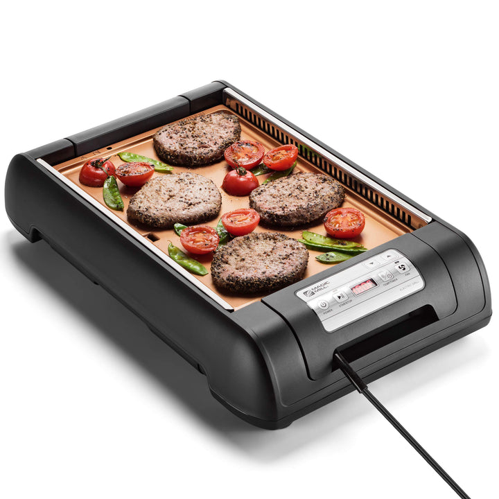 Magic-Mill Electric Smokeless Grill and Griddle Pan for Indoor BBQ in Your kitchen – Digital Temperature Control - Cooking Timer – Built in Fan for Smokeless Grilling