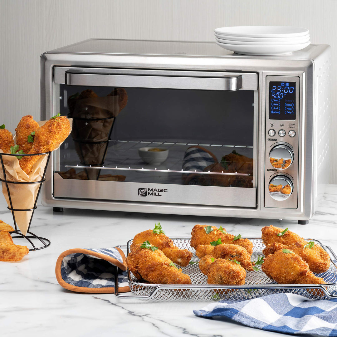 Magic Mill Air Fryer Toaster Oven – 30L Capacity 1800w Smart Convection Oven and Dehydrator With 3 Style Trays – LED Display – Brushed Stainless Steel