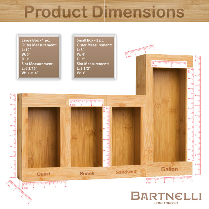 Bartnelli Drawer Storage Organizer for Ziploc Bag , 4 PC Premium Bamboo Kitchen Drawer Organizer, Dispenser, and Bags Holders | Compatible With All Brands With Variety Sizes to fit All Bag Sizes