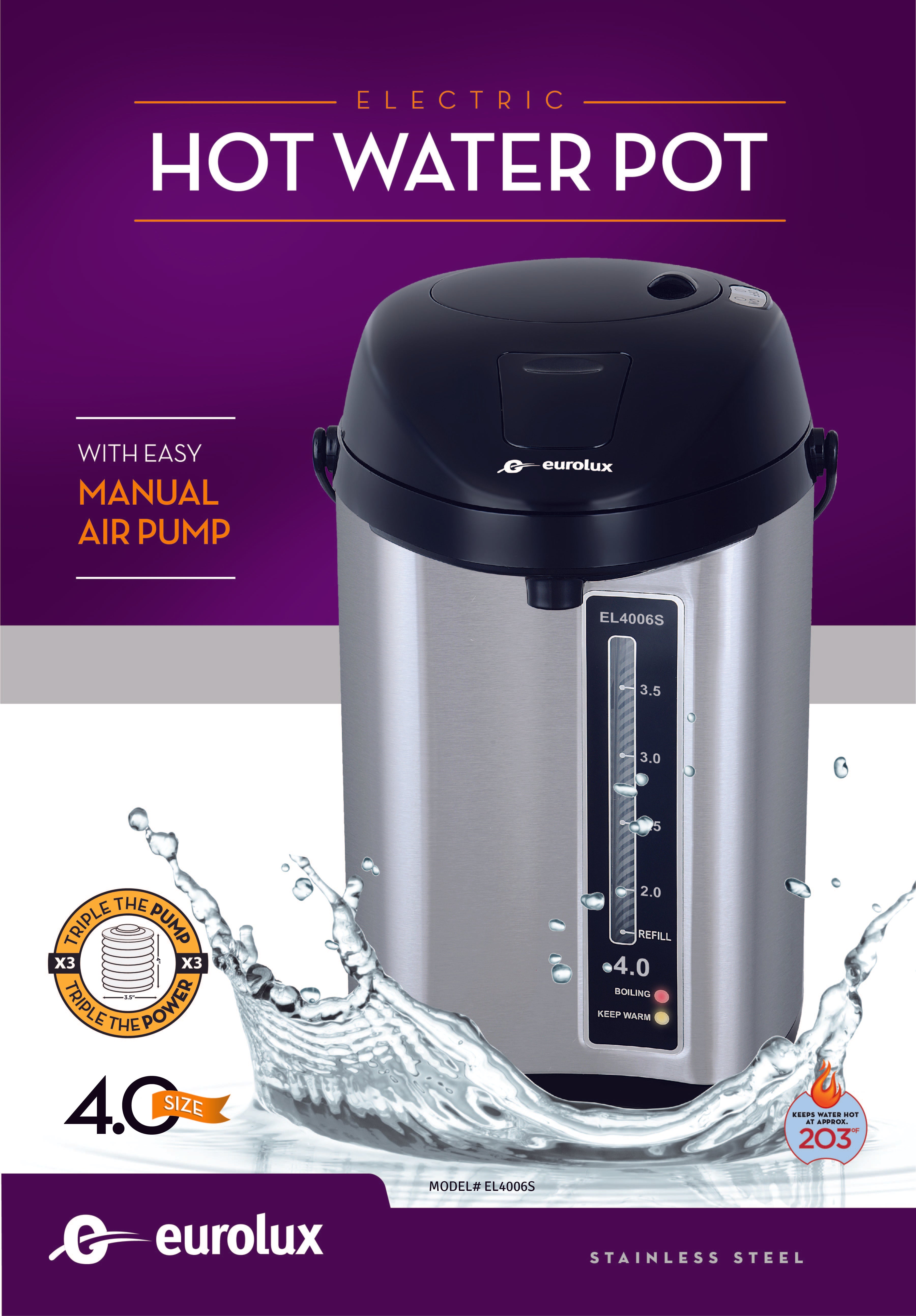 EUROLUX ELECTRIC HOT WATER POT 4.0 QT MODEL EL4006S Royaluxkitchen