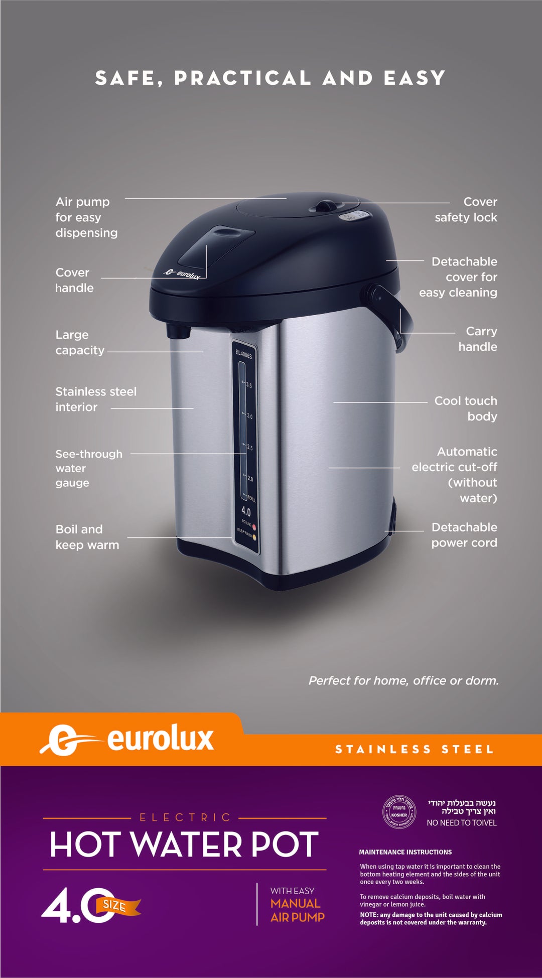 EUROLUX ELECTRIC HOT WATER POT 4.0 QT MODEL# EL4006S