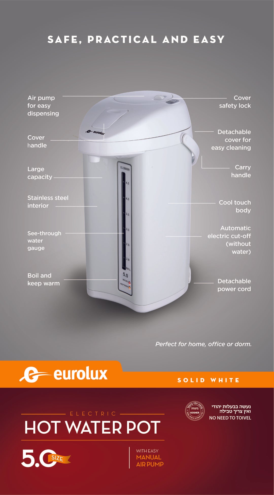 EUROLUX ELECTRIC HOT WATER POT 5.0 QT MODEL# EL5005W