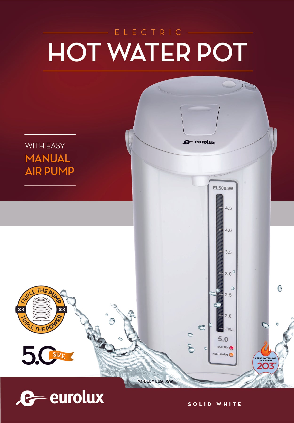 Eurolux EL5005W 5qt Manual Hot Water Pump Pot, White
