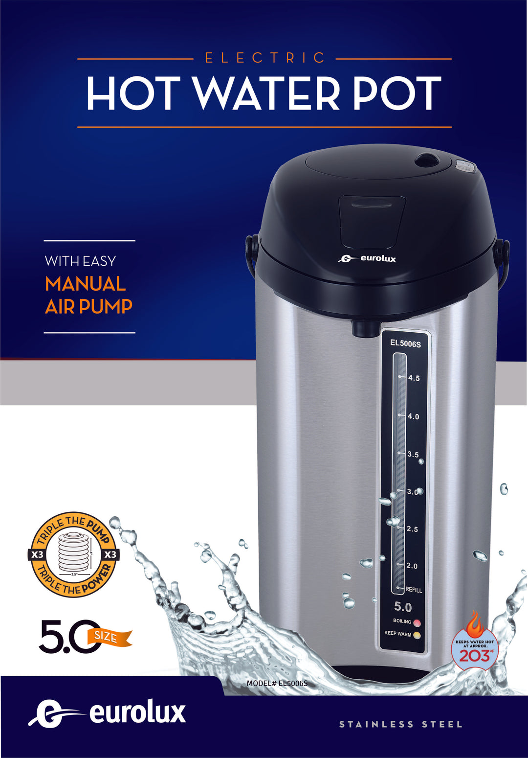 EUROLUX ELECTRIC HOT WATER POT 5.0 QT MODEL# EL5006S