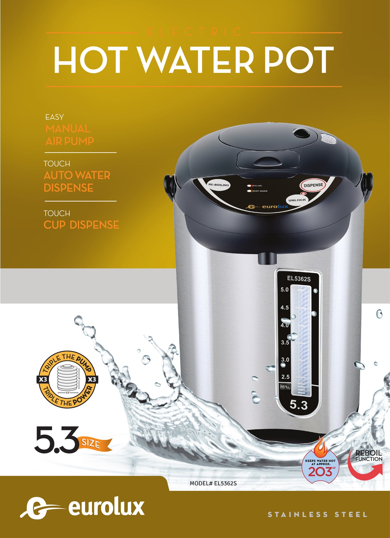  Eurolux Electric Hot Water Pot 5.0 Qt