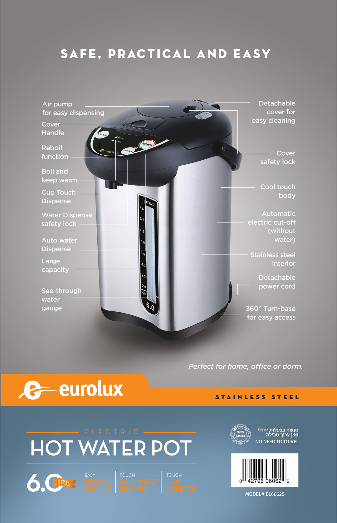 EUROLUX ELECTRIC HOT WATER POT 6.0 QT MODEL# EL6062S