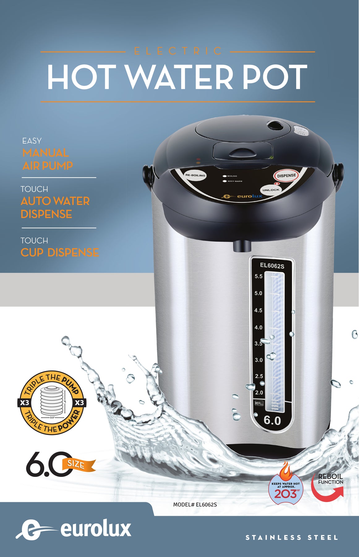 Eurolux EL5005W 5qt Manual Hot Water Pump Pot, White