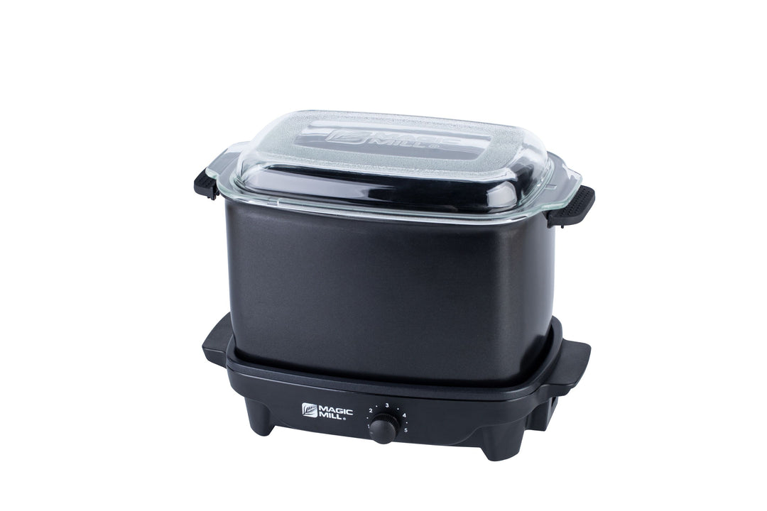 MAGIC MILL 7 QT BLACK SLOW COOKER WITH FLAT GLASS COVER AND RUBBER HAN –  Royaluxkitchen