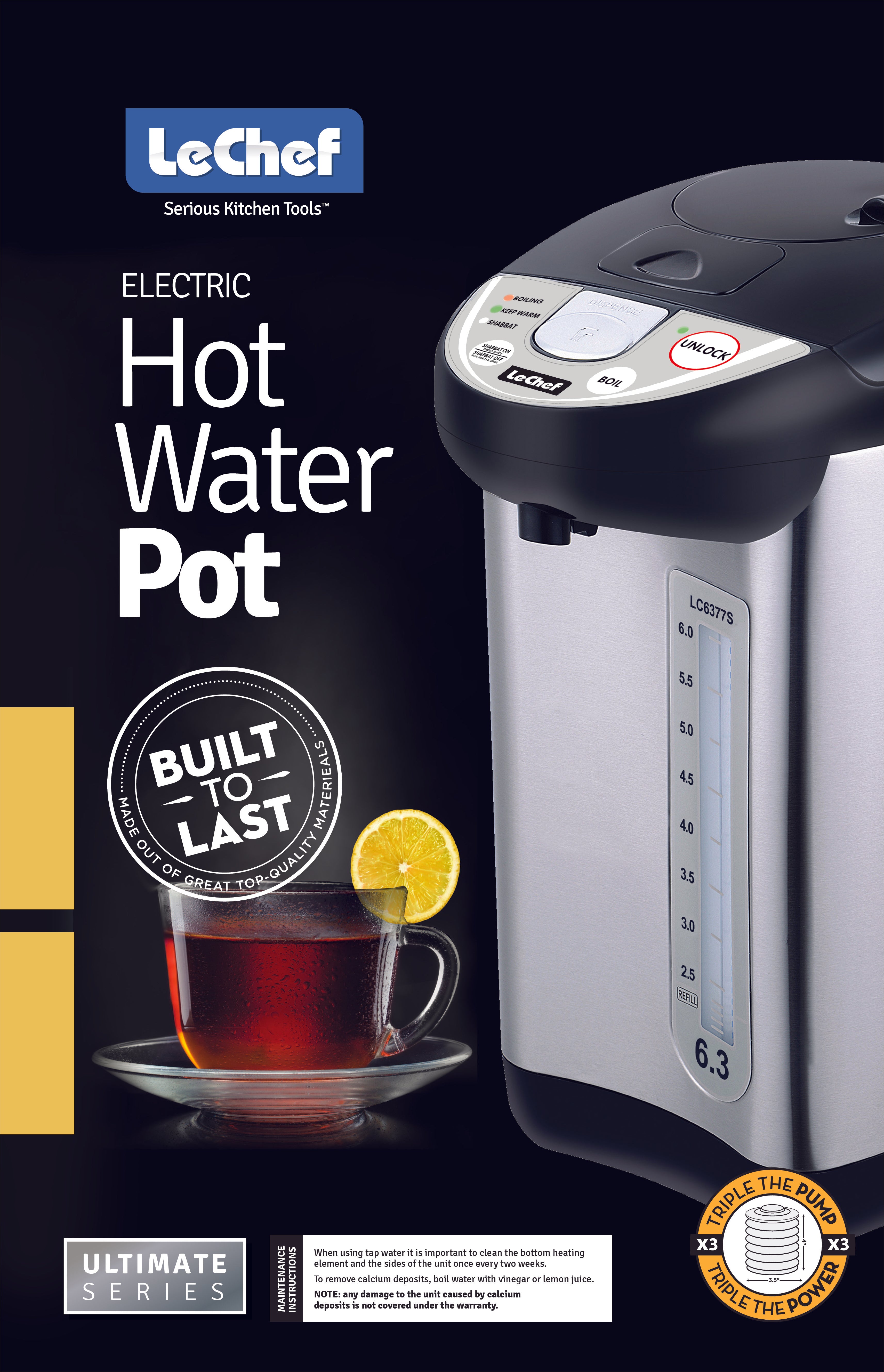 LE'CHEF ELECTRIC HOT WATER POT 6.0 QT MODEL# LC6377S WITH SHABBAT