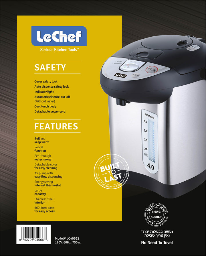 LE'CHEF ELECTRIC HOT WATER POT 4.0 QT MODEL# LC4066S