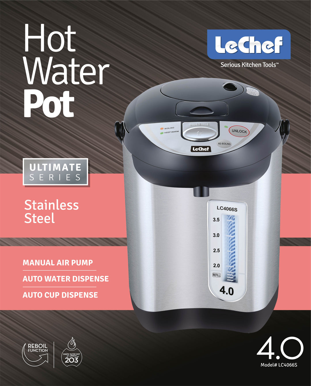 LE'CHEF ELECTRIC HOT WATER POT 4.0 QT MODEL# LC4066S