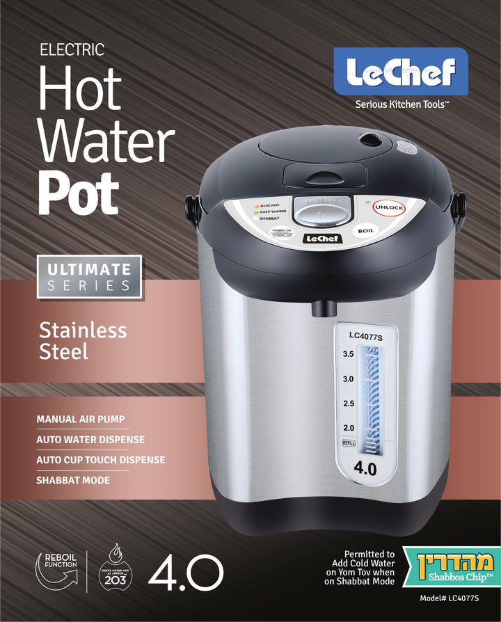 LE'CHEF ELECTRIC HOT WATER POT 4.0 QT MODEL# LC4077S WITH SHABBAT MODE