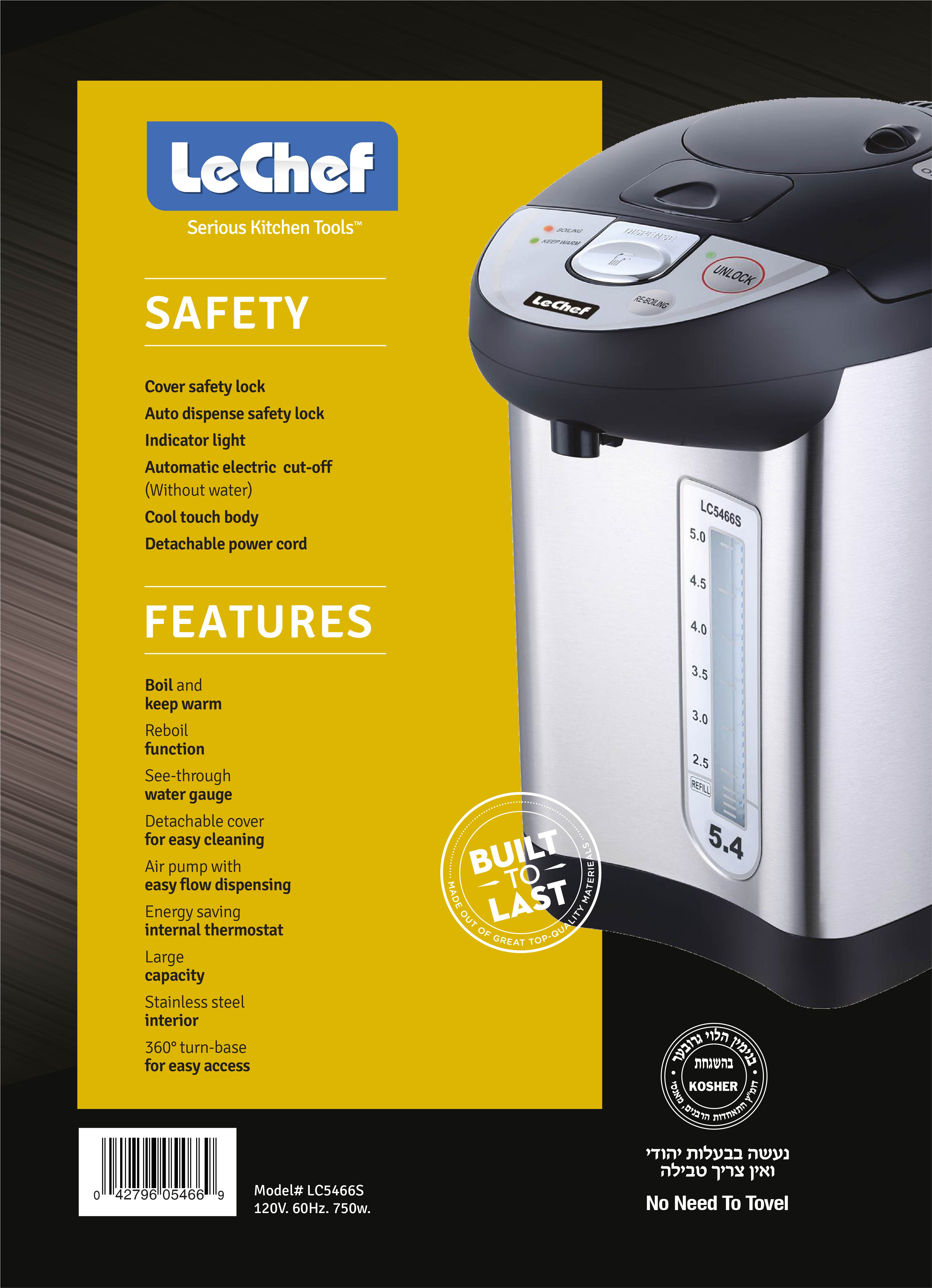 LE'CHEF ELECTRIC HOT WATER POT 5.4 QT MODEL# LC5466S – Royaluxkitchen