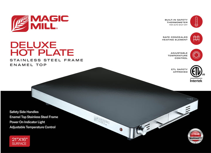 MAGIC MILL DELUXE S/S FRAME ENAMEL TOP HOT PLATE WITH ADJUSTABLE TEMP CONTROL KNOB MODEL # MHPE906