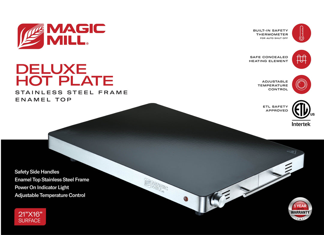 MAGIC MILL DELUXE S/S FRAME ENAMEL TOP HOT PLATE WITH ADJUSTABLE
