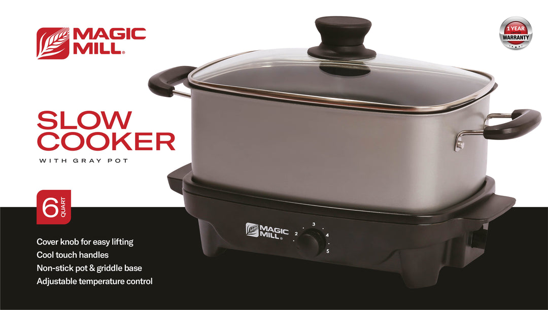 MAGIC MILL 6 QT GRAY SLOW COOKER WITH COVER KNOB AND COOL TOUCH HANDLES MODEL# MSC628