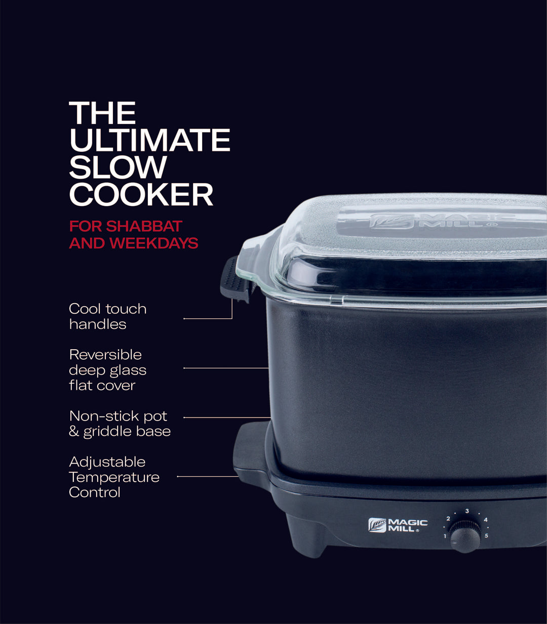 MAGIC MILL 7 QT BLACK SLOW COOKER WITH FLAT GLASS COVER AND RUBBER HANDLES MODEL# MSC720