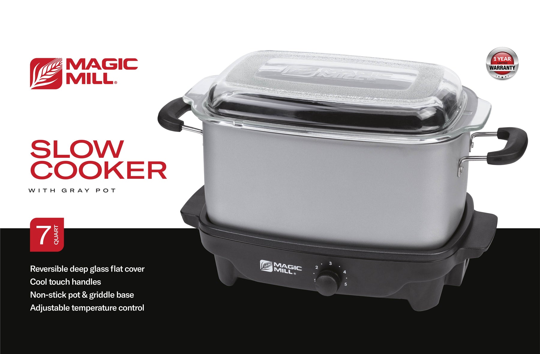 MAGIC MILL 12 QT black SLOW COOKER WITH FLAT GLASS COVER AND COOL TOUCH  HANDLES MODEL# MSC1225