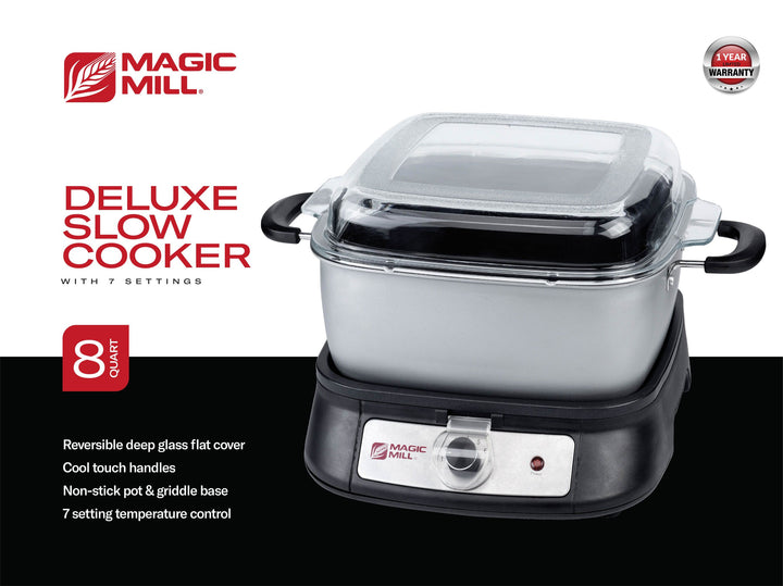 MAGIC MILL DELUXE 8 QT GRAY SLOW COOKER WITH FLAT GLASS COVER AND COOL TOUCH HANDLES MODEL# MSC842