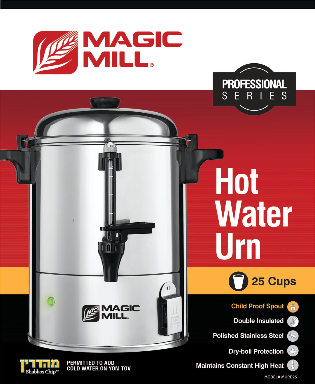 MAGIC MILL DOUBLE INSULATED HOT WATER URN 25 CUP SAFETY SPOUT MODEL# MURD25