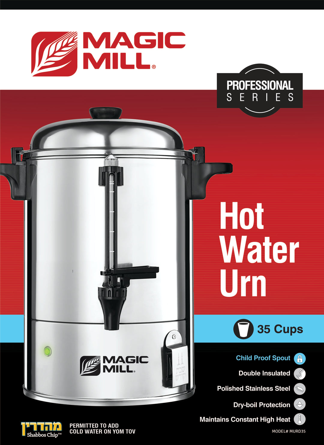 MAGIC MILL DOUBLE INSULATED HOT WATER URN 35 CUP SAFETY SPOUT MODEL# MURD35